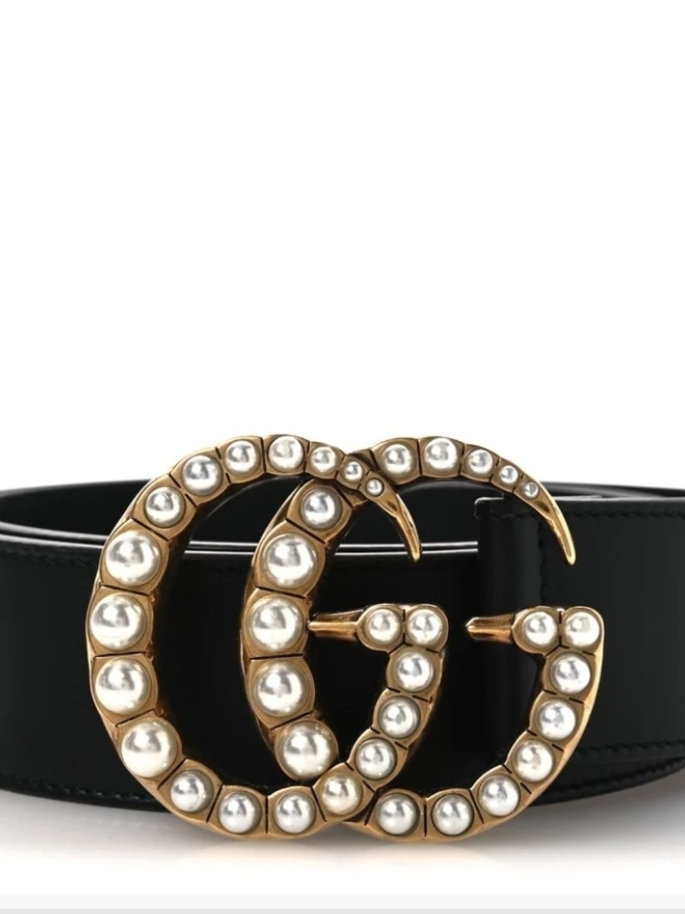 Gucci Black Leather Belt with Pearl-Embellished Double G Buckle